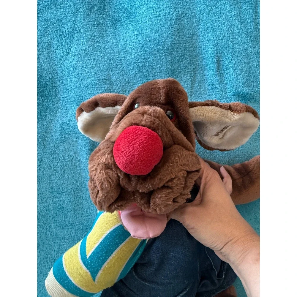 Vintage Ganz Wrinkles Dog Plush Hand Puppet Brown Denim Overalls 18 inch 5088649